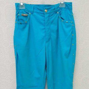 Escada Turquoise Gold Star Studded Sides Jean Style Pants Size 38 Small